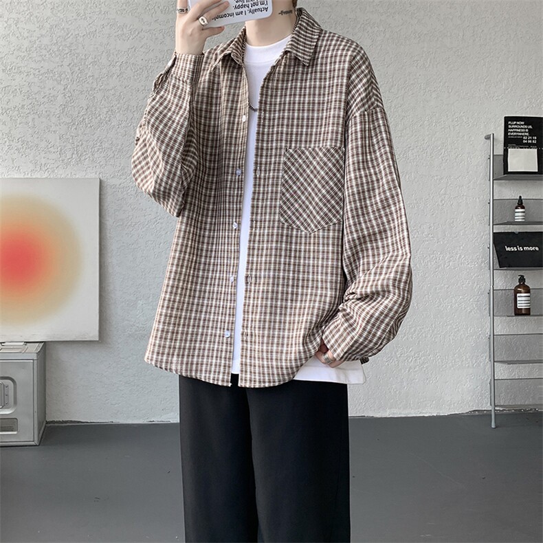 衬衫男秋季新款港风宽松格子长袖衬衫CS802-特P28,男装衬衫,星座214-3