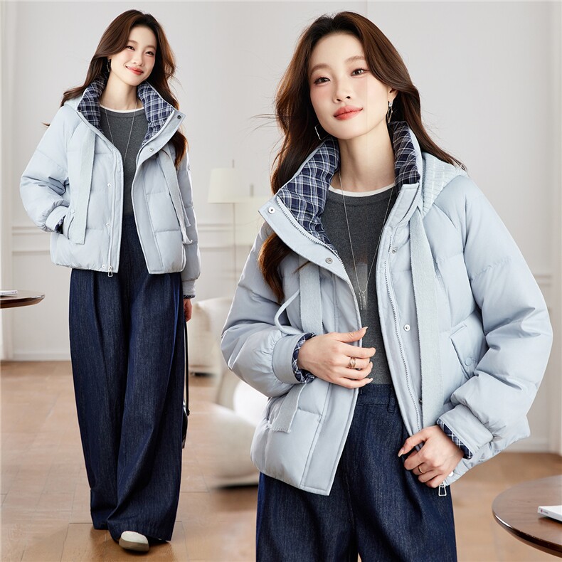 可拆卸针织连帽短款羽绒服女冬2025新款超火巨好看保暖白鸭绒外套,女装羽绒服,琦鑫阁（原依鑫阁）