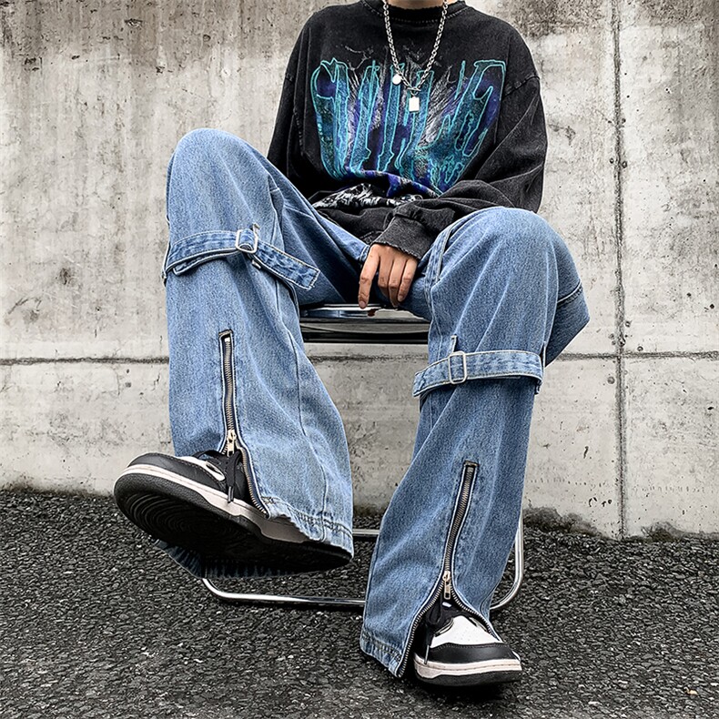 美式绑带牛仔裤男感欧美高街裤vibe裤子宽松直筒长裤N01122-P55,男装牛仔裤,星座308B-1