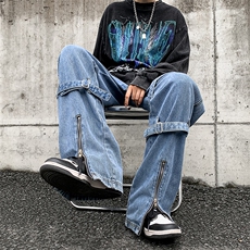 美式绑带牛仔裤男感欧美高街裤vibe裤子宽松直筒长裤N01122-P55，男装牛仔裤，星座308B-1