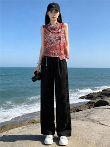 女夏季新款唐装时尚气质套装民族风立领提花无袖上衣阔腿裤两件套图片