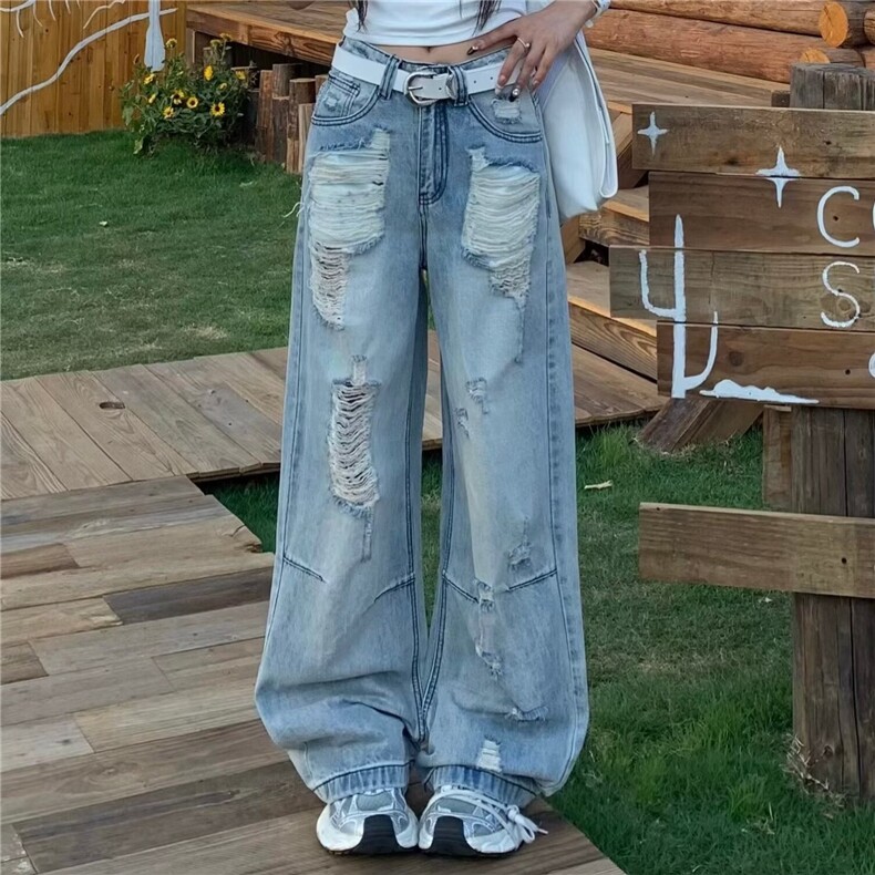 美式潮流设计感复古蓝色破洞牛仔裤新款宽松直筒磨破长裤子,男装牛仔裤,星座1018A
