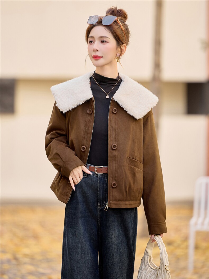 现货2025年冬季新款时尚麂皮绒羽绒服,女装羽绒服,悦祺