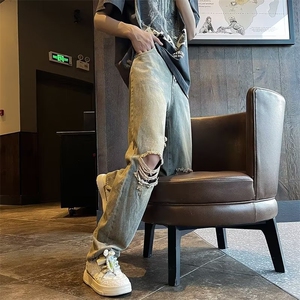 膝盖破洞牛仔裤男款美式复古黄泥色裤子夏季潮牌直筒长裤K089-P40图片