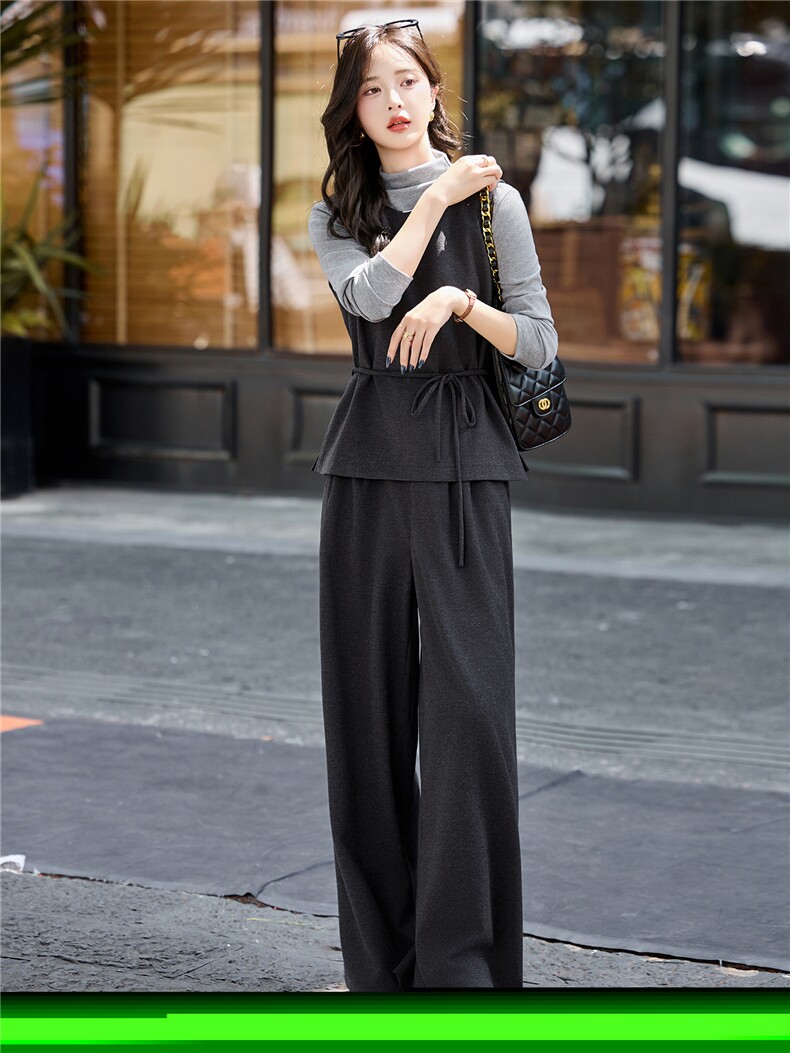 春秋套装裤女2025新款复古小香风绑带收腰打底衫马甲阔腿裤套装裙,女装套装/套裙,流量+