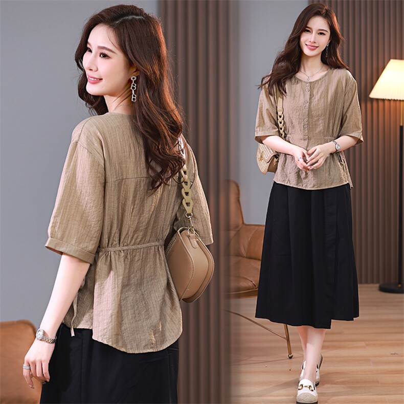 2023年夏设计师新款时尚气质优雅休闲减龄收腰透气女神短袖衬衣，女装蕾丝衫/雪纺衫，木子恋