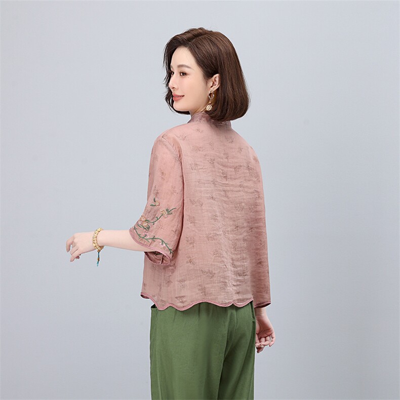 美衣重工刺绣双支苎麻衬衫女气质绣花衬衣春款长袖单排扣上衣蕾丝,女装衬衫,凝聚力