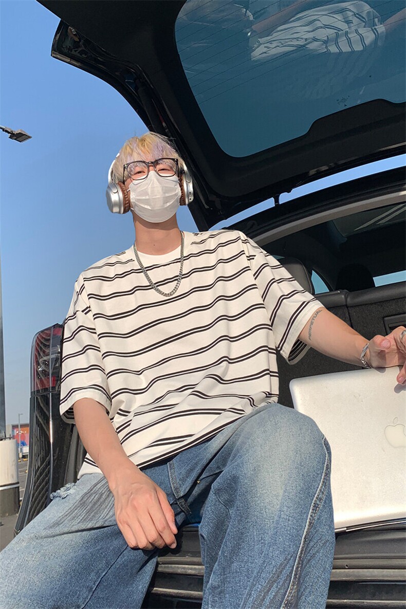 wassuphappy小领口短袖t恤男夏季薄款条纹宽松半截袖休闲上衣服,男装T恤,电商A007
