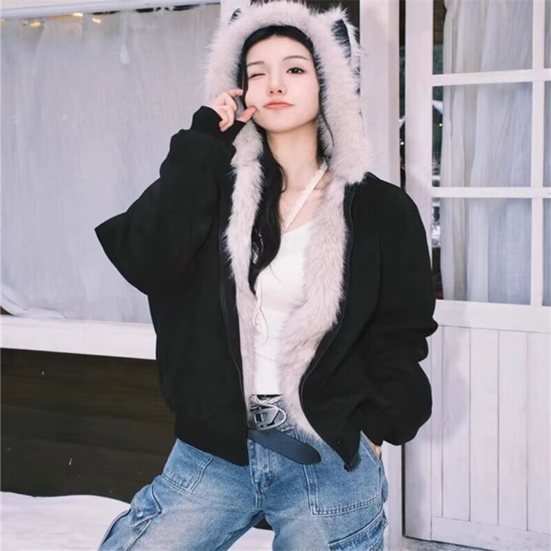 A542-P95鹿皮绒外套棉衣女冬季慵懒风棉袄休闲冬衣连帽棉服上衣,男装棉衣,电商B323A