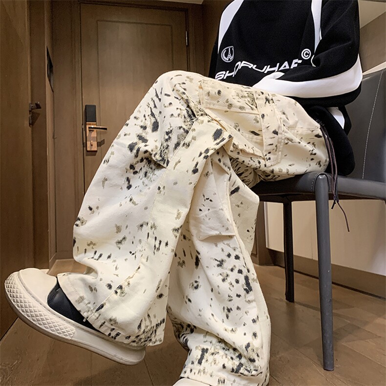 美式豹纹大口袋工装牛仔裤男高街痞帅hiphop休闲慵懒风直筒阔腿裤,男装牛仔裤,星座410-7
