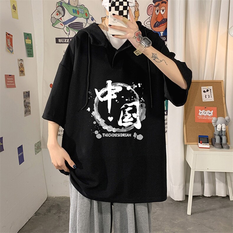 LD54134-P45NASA连帽短袖t恤男大码胖子带帽五分袖中袖,男装T恤,电商A040