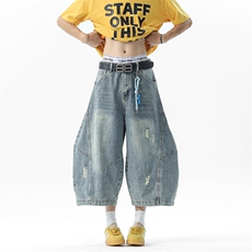 美式夏季刮烂破洞弯刀水洗牛仔裤男女宽松七分裤子潮流YD701-P65，男装牛仔裤，星座509