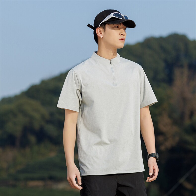 T835夏季男士圆领纯色速干运动半拉链短袖T恤P42模特图灰色，男装T恤，星座1615-1