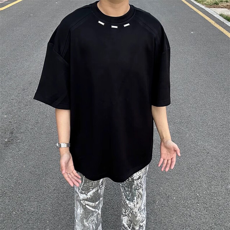 抖音得物品质二开240克宽松纯棉美式高街痞帅潮牌金属装饰短袖T恤,男装T恤,电商A486