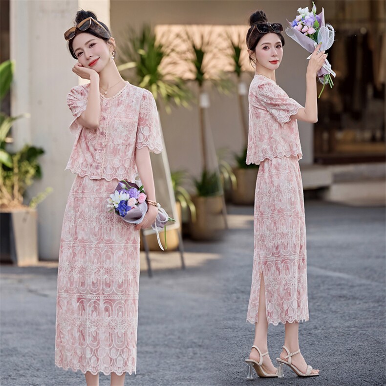 浅黄色蕾丝小香风上衣半身裙两件套女2025夏季名媛刺绣连衣裙套装,女装套装/套裙,雅静靓衣