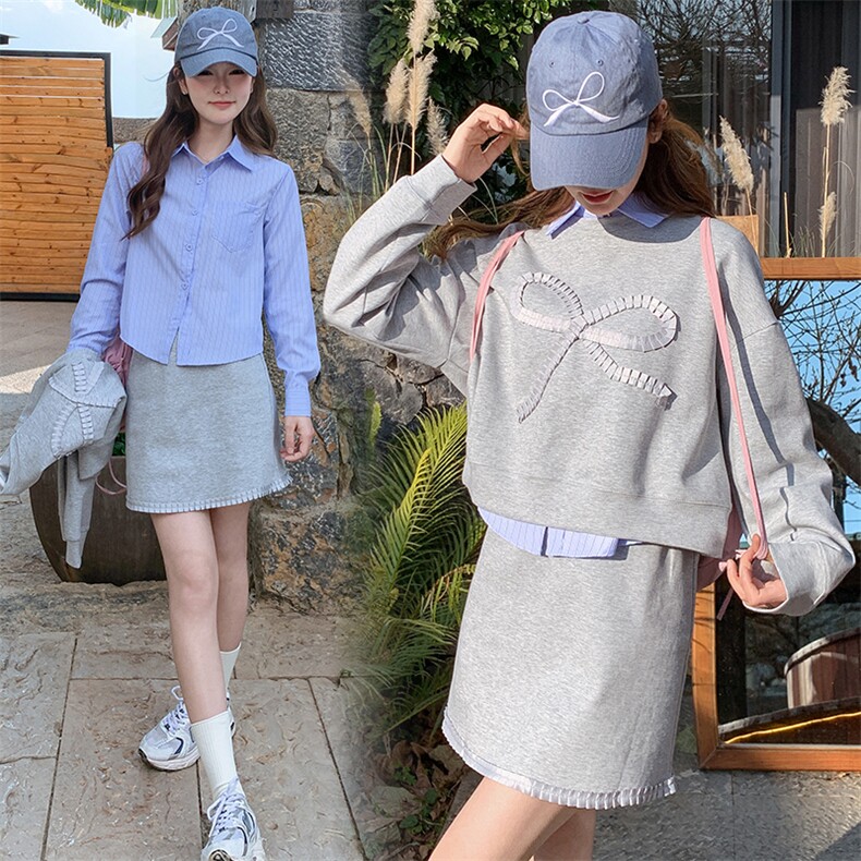 灰色休闲运动套装女早春miu系学院风蝴蝶结卫衣衬衫半身裙三件套,女装套装/套裙,纯色衣恋