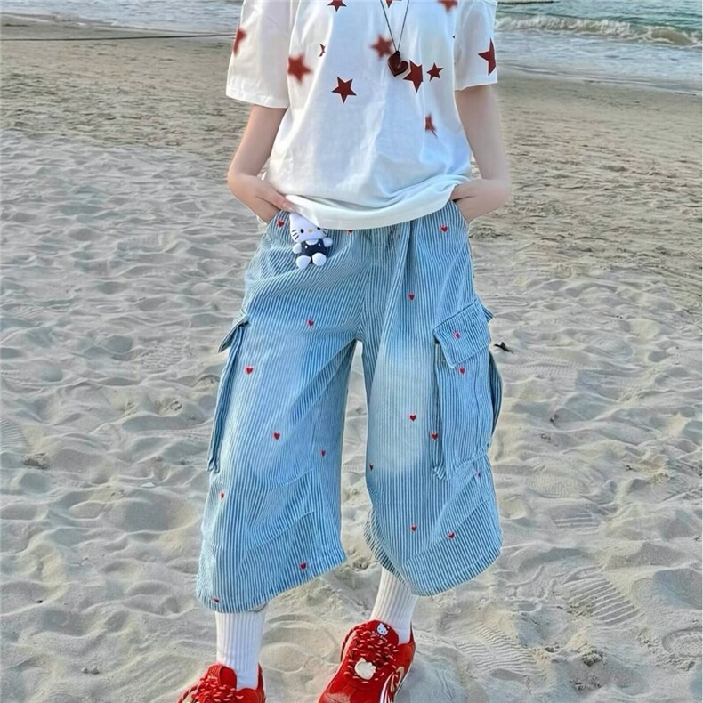 爱心条纹七分裤女外穿设计感街头褶皱多口袋宽松小众工装牛仔短裤，男装牛仔裤，星座506A