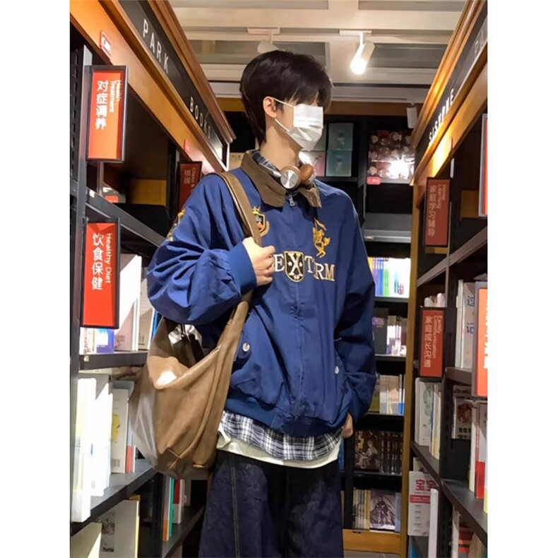 春秋季韩版时髦复古学院cleanfit刺绣短款夹克男士宽松撞色外套潮,男装夹克,四季星座505
