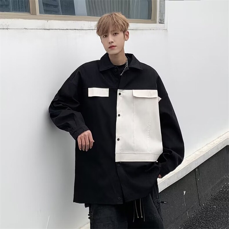 2024春季新款撞色拼接长袖衬衫男美式复古工装衬衣现货W8183-P30,男装衬衫,星座512-4