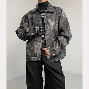 美式潮牌扎染解构设计短款牛仔夹克外套男复古宽松休闲 J21-P80图片