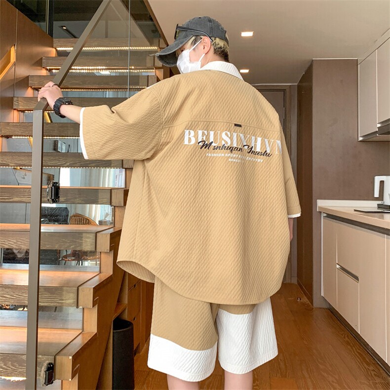 2025新款短袖衬衫套装潮流帅气夏季衬衣短裤套装A436-T12-P65,男装休闲套装,电商A436