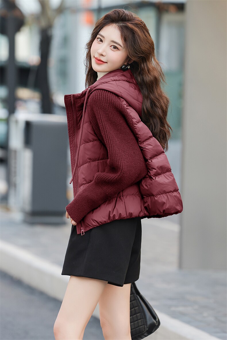 现货2024小众设计毛衣针织拼接连帽羽绒服外套,女装羽绒服,深水步