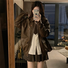 复古皮衣外套女春秋宽松显瘦百搭设计感纽扣装饰机车服潮C705-110，男装皮衣，星座911-2(原星座613-2）