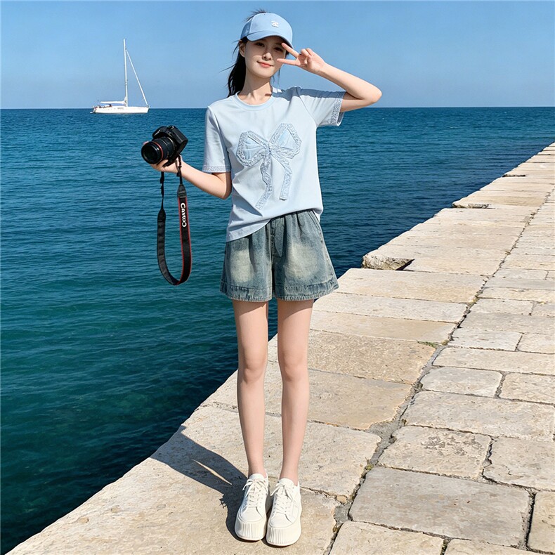 潮流时尚套装女夏新款圆领蕾丝拼接钉珠蝴蝶结短袖牛仔短裤两件套,女装套装/套裙,江南
