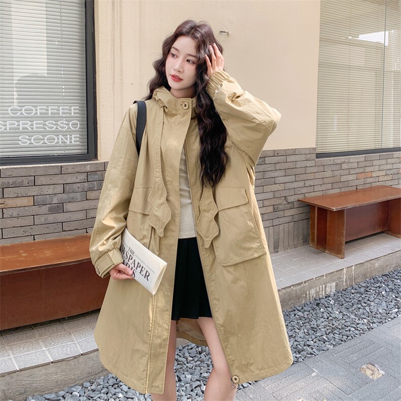 休闲连帽工装卡其色风衣外套女春秋2025新款显瘦巨好看大衣高级感,女装风衣,2C273
