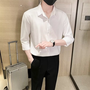 2024夏季衬衫男薄款修身冰丝短袖青年纯色春秋七分袖衬衣男 Y50图片
