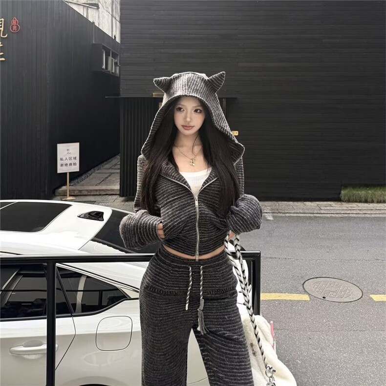 休闲运动套装女2025春季韩版慵懒风灰色连帽卫衣外套阔腿裤两件套,男装休闲套装,星座1210-1
