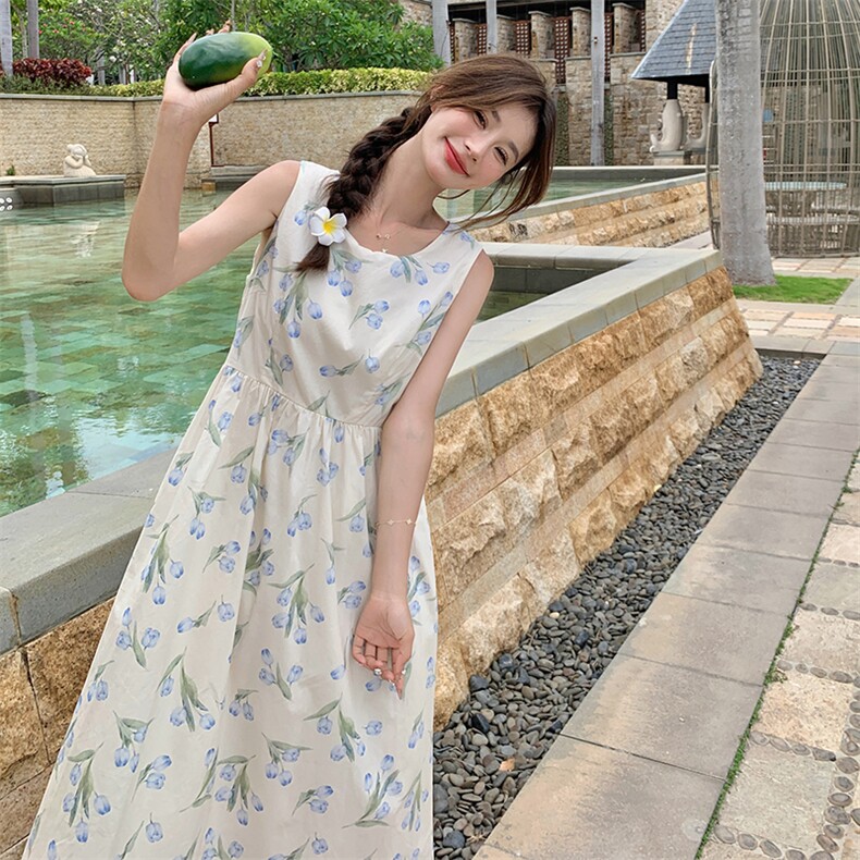 法式甜美碎花雪纺背心连衣裙女2025夏季新款韩版收腰显瘦桔梗长裙,女装连衣裙,C位