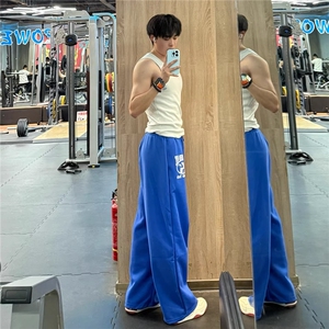 美式刺绣蓝色健身裤子男秋冬训练运动厚棉裤cleanfit直筒阔腿弯刀图片