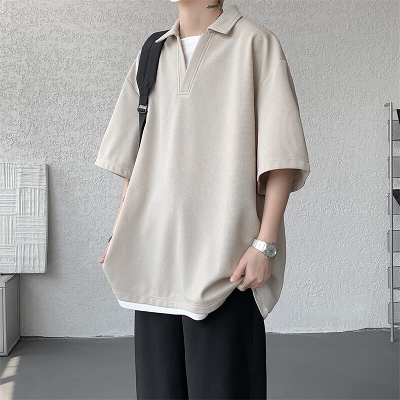 8XL-M假两件V领短袖t恤男夏翻领半袖宽松重磅华夫格大码DT001P40,男装T恤,电商B312