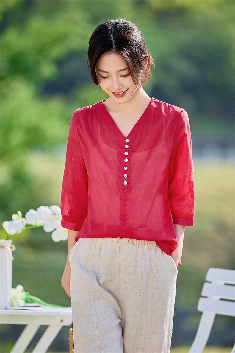 2026年夏季女短袖宽松亲肤透气文艺风,女装衬衫,江南依恋
