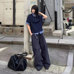 得物抖音高品质二开夏季美式潮牌高街假两件格子衬衣翻领短袖T恤
