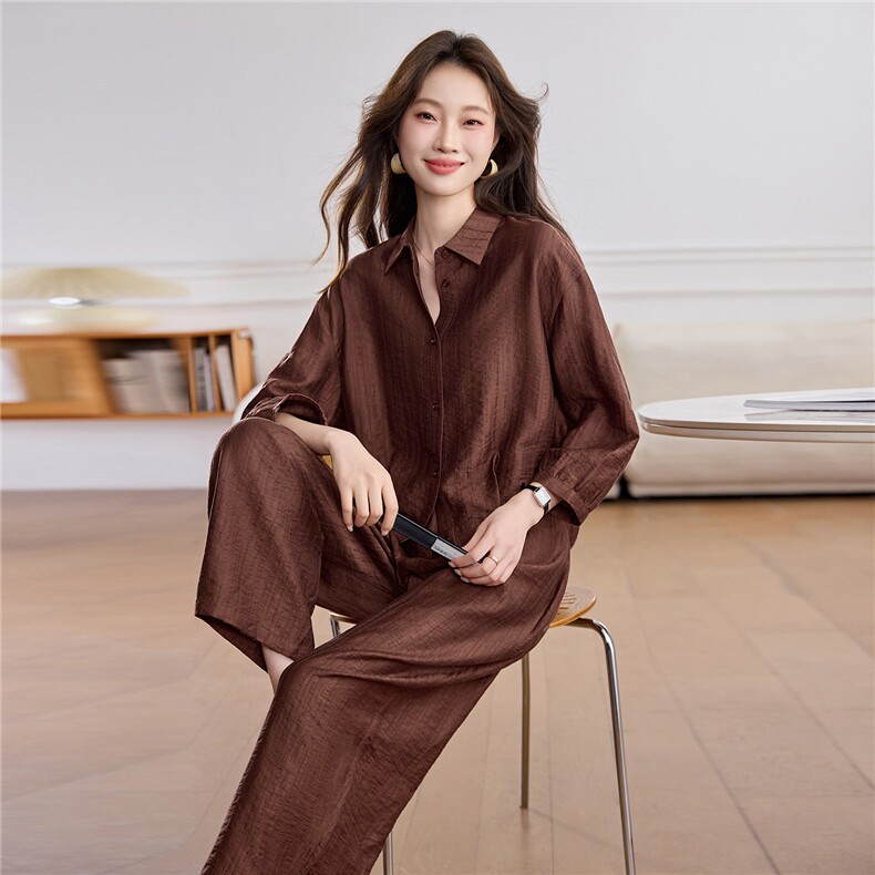 天丝棉麻套装女2026春季新款弯刀裤衬衫领松紧腰九分裤休闲两件套,女装套装/套裙,恋慕依尚