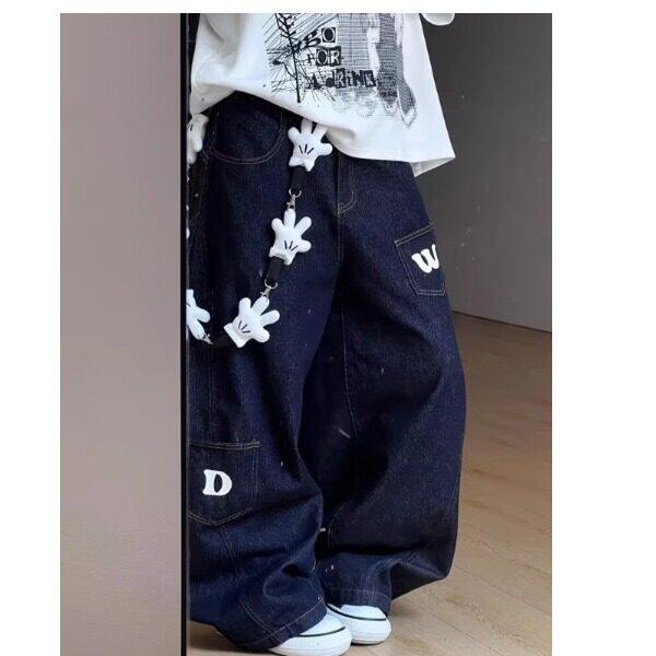 复古水洗丹宁蓝色裁剪弯刀牛仔裤男女宽松阔腿字母印花拖地休闲裤，女装牛仔裤，星座506A