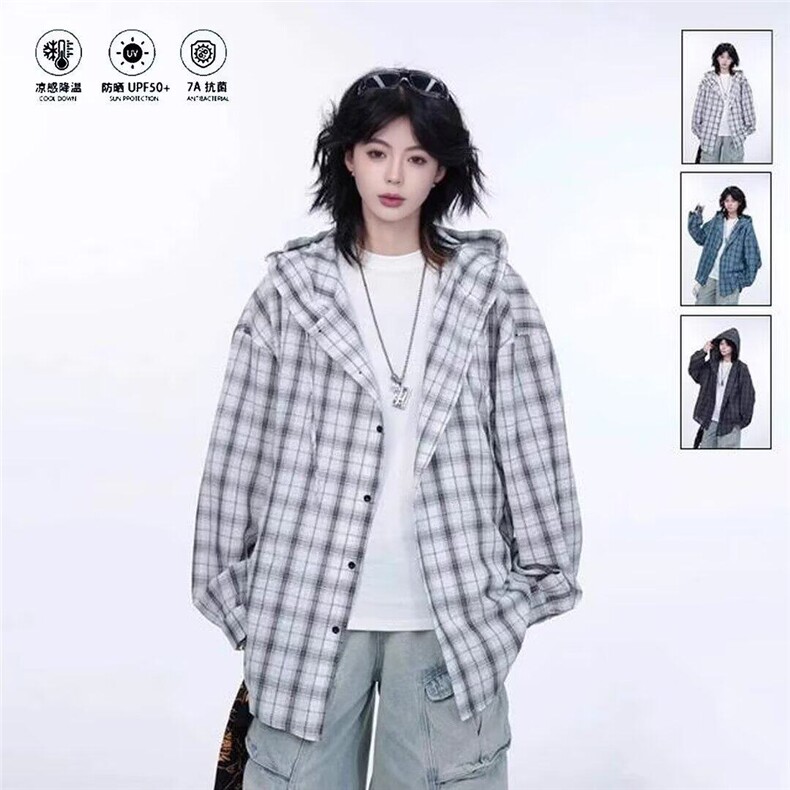 夏季美式复古休闲格子长袖衬衫男女同款潮牌宽松衬衣防晒外套,男装防晒衣,星座715-4