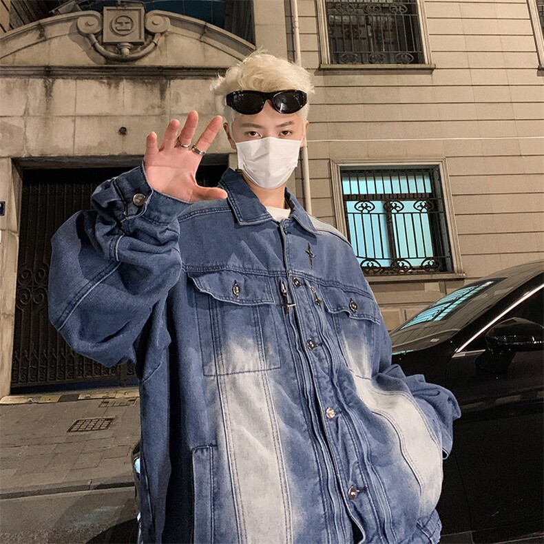 水洗做旧牛仔外套男春秋季美式ins潮牌高街宽松百搭短款工装夹克,男装夹克,星座410-7
