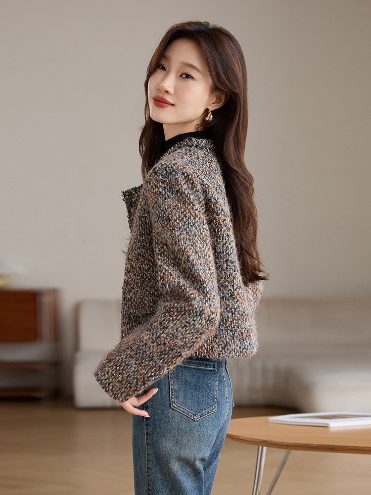 粗花毛呢小外套超短款外搭加棉女装上衣通勤气质小香风裙裤百搭款,女装毛呢外套,婵米儿
