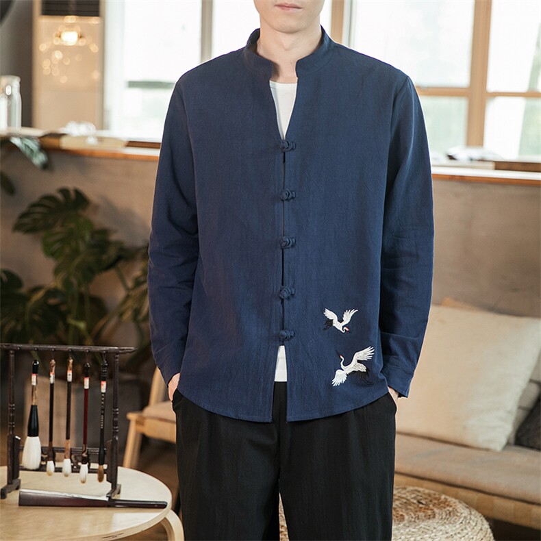 2021风男棉麻长袖衬衣中式刺绣大码盘扣衬衫QT6005-C610,男装衬衫,星座1112-5（原712-5）