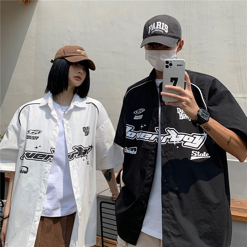 情侣装夏装新款机车字母印花织带短袖衬衫宽松男女港风潮D305P48,男装T恤,电商A335-1（原A458）