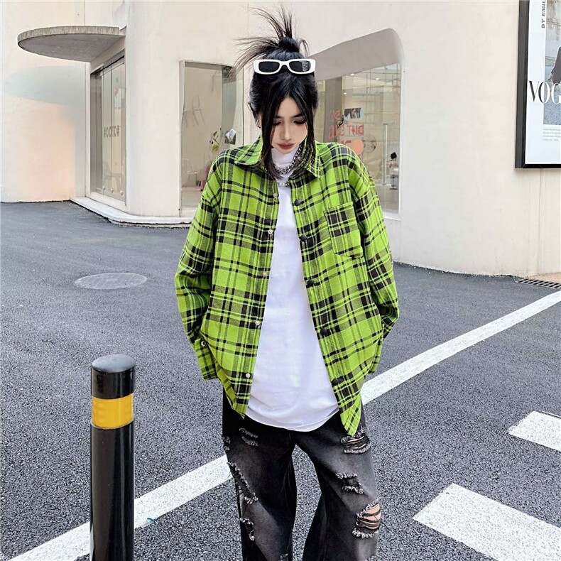 D153-P48 春秋潮高街美式情侣宽松绿色衬衣外套格子衬衫图片