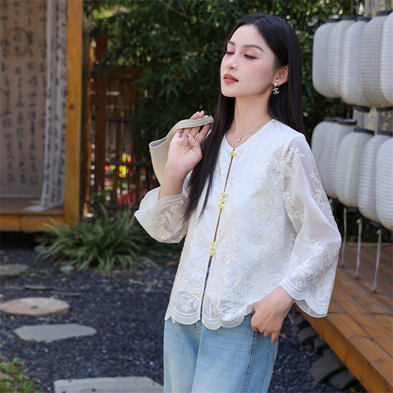 时尚复古新中式重工亮片刺绣风外套天丝就发现高级感小众衬衫,女装短外套,2C091
