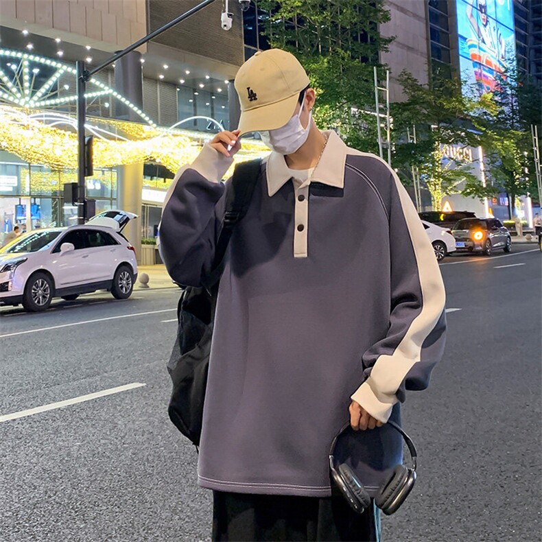 潮流宽松撞色polo领卫衣百搭休闲上衣WY2355,男装卫衣,电商A161