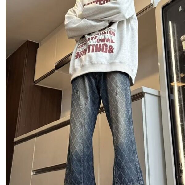 格子牛仔裤男冬季提花渐变水洗微喇裤秋冬款美式高街修身直筒裤子,男装牛仔裤,星座506A