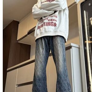 格子牛仔裤男冬季提花渐变水洗微喇裤秋冬款美式高街修身直筒裤子图片