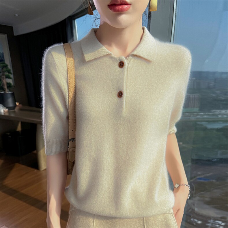秋冬新款POLO领山羊绒衫针织短袖毛衣女纽扣半袖上衣宽松羊毛打底，女装羊绒衫，更慕羊绒