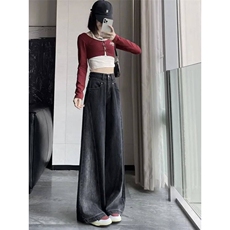 AK2479-P50黑色拼接高腰阔腿牛仔裤女冬新款宽松显瘦直筒拖地长裤，女装休闲裤，星座617A-2